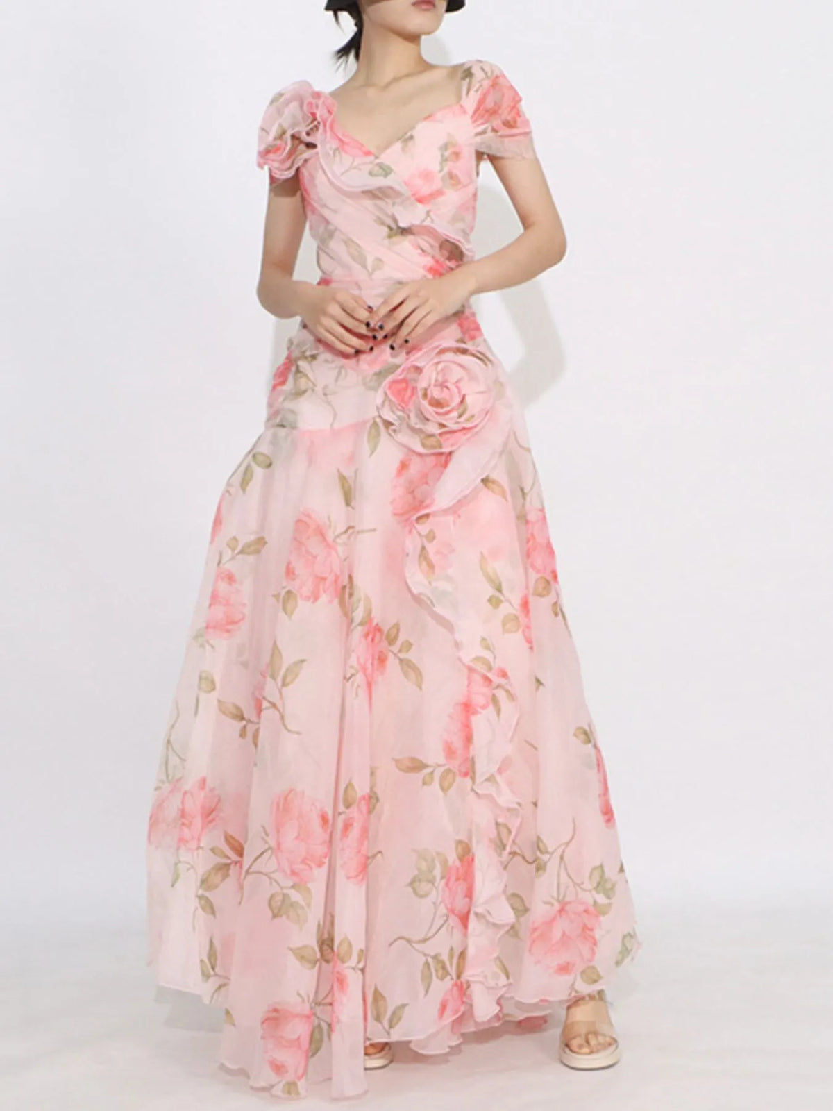 Floral ruffled short sleeve maxi dress front view