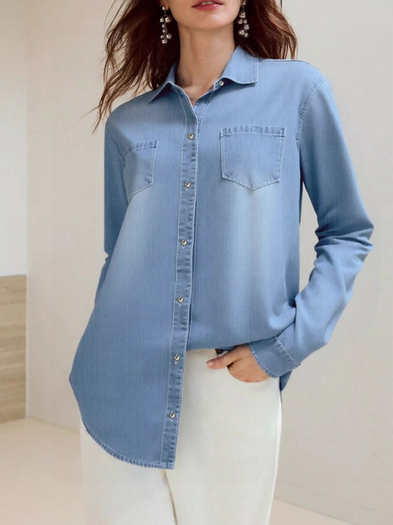 Full Size Button-Up Long Sleeve Denim Shirt Plus Size - Fashorio