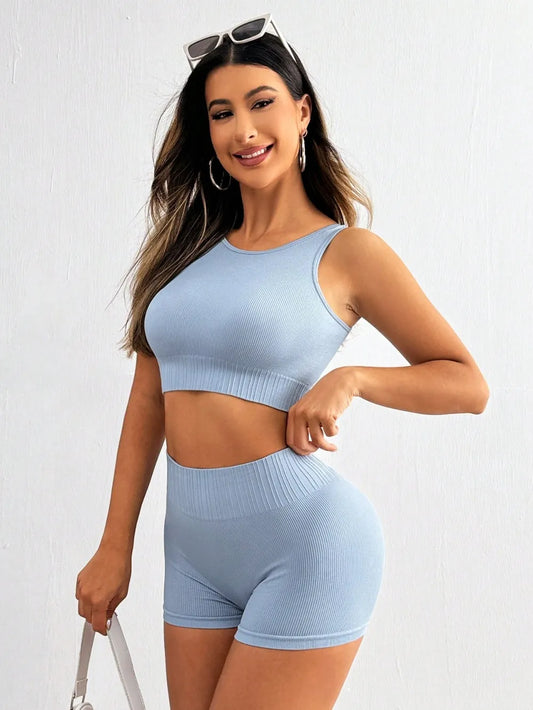 Round Neck Wide Strap Top and Shorts Active Set Light Blue - Fashorio