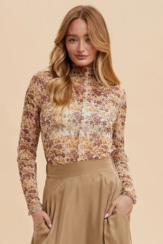 Ivory gold floral mesh top front view