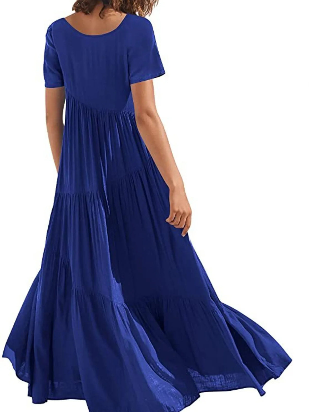 round neck tiered ruffle maxi dress walking shot