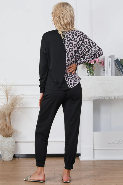 Leopard Round Neck Top and Drawstring Pants Lounge Set - Fashorio