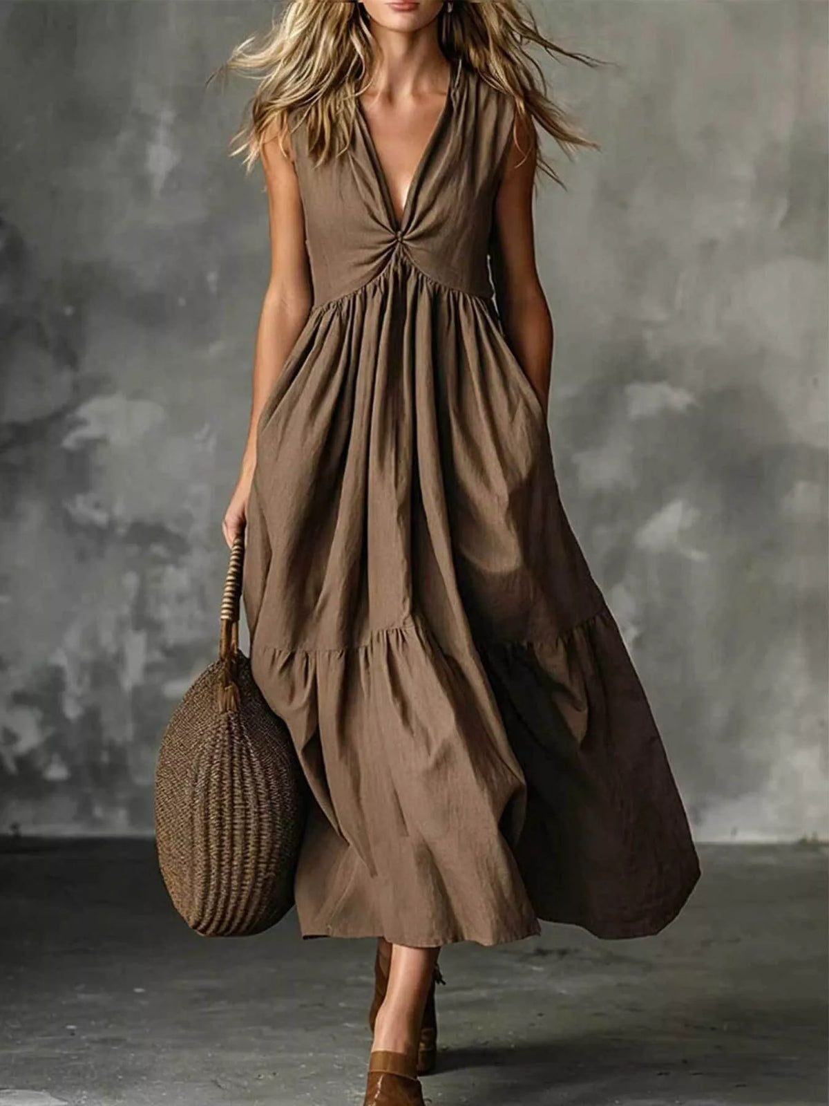 Twisted v neckline detail on tiered dress