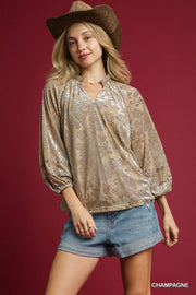 Umgee Floral Velvet Blouse with Balloon Sleeves CHAMPAGNE - Fashorio