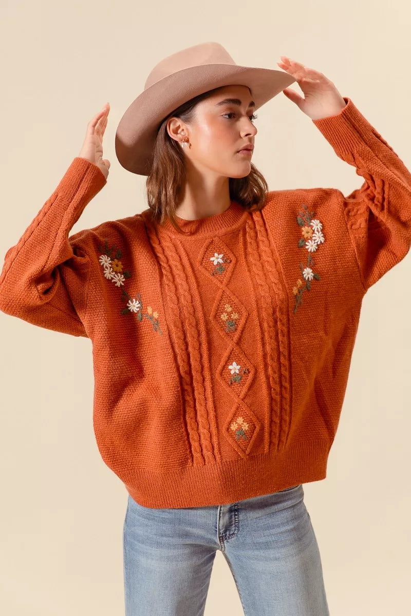 Embroidered Floral Cable Knit Sweater in Brick