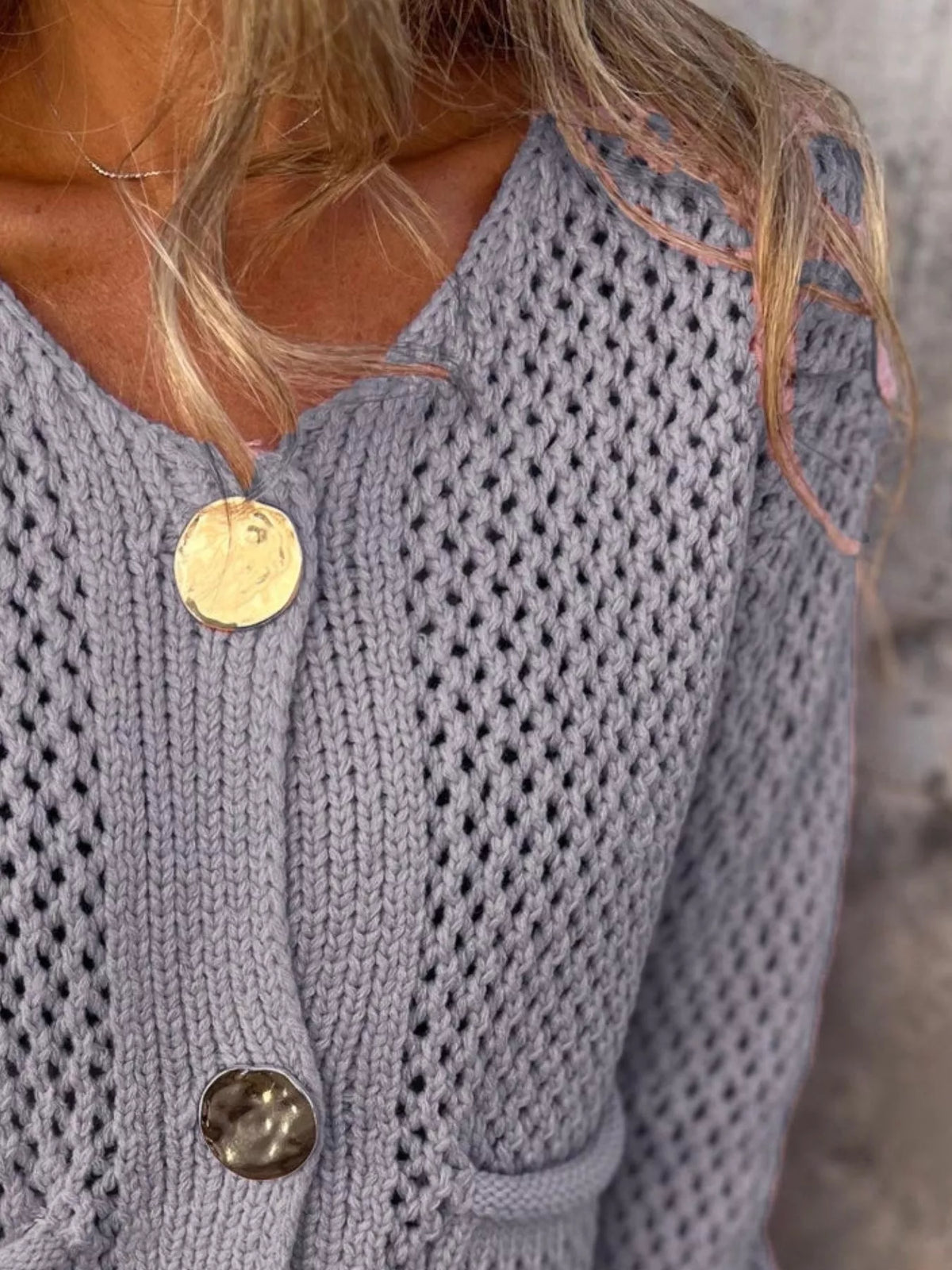 crochet button up cardigan styled on model