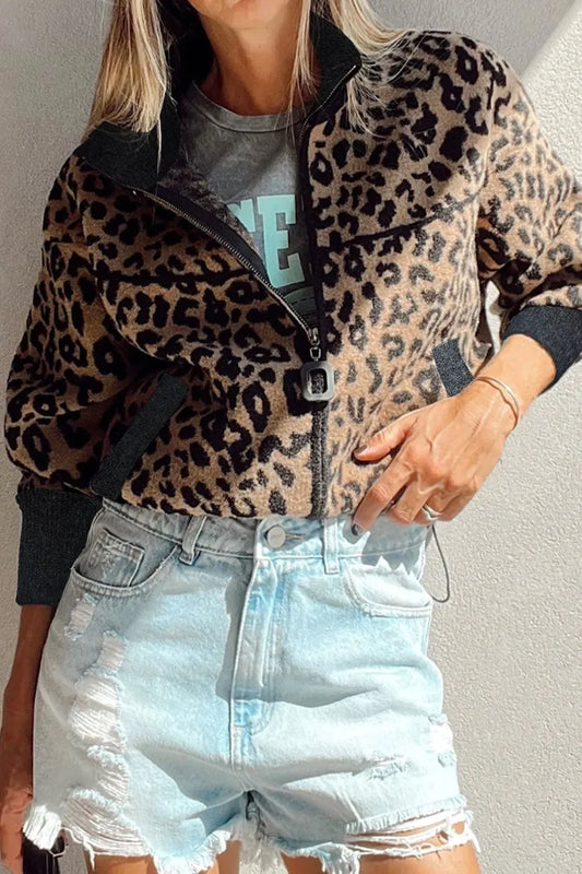 Leopard Print Zip Up Long Sleeve Jacket for Women - Fashorio