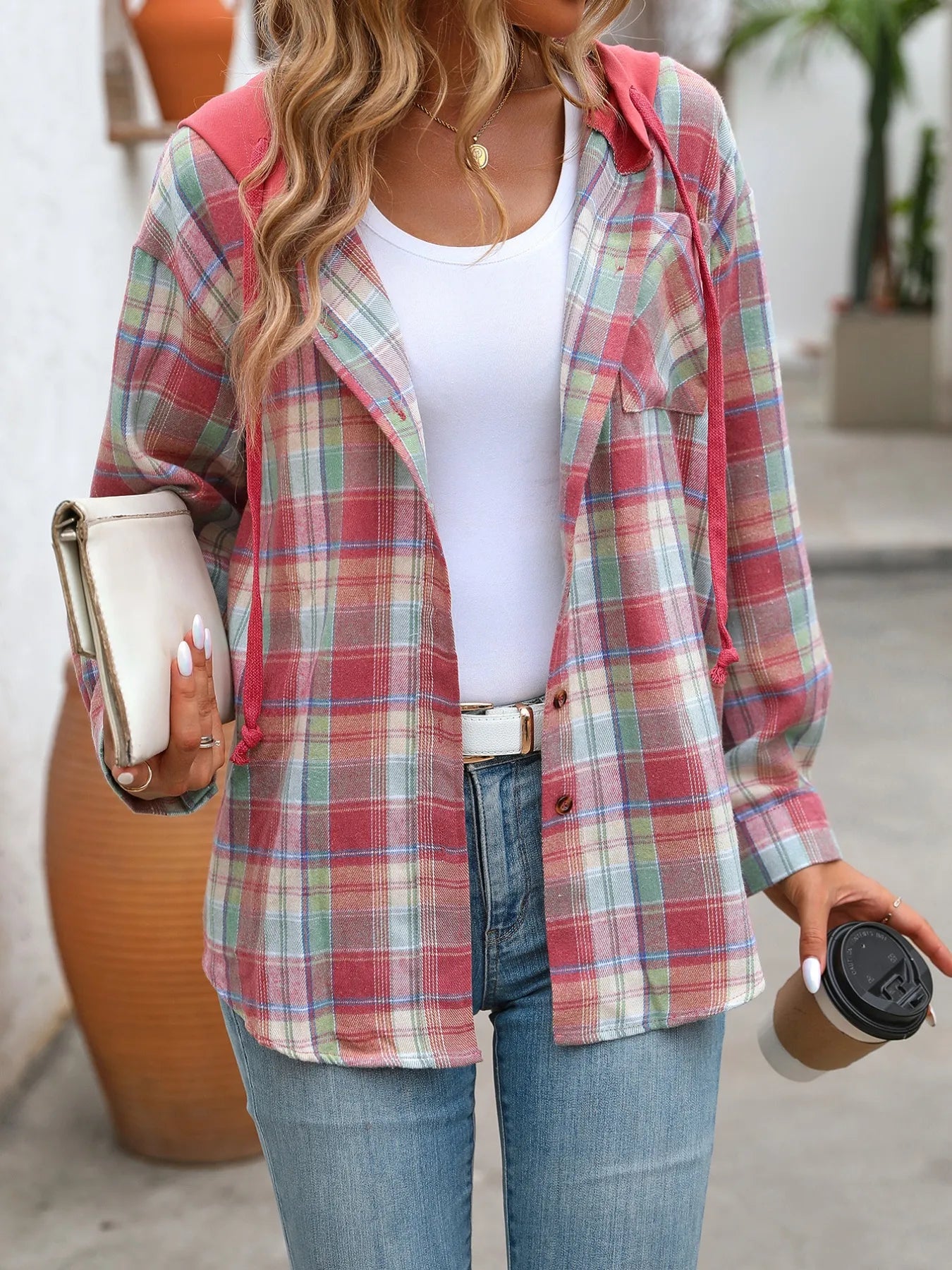 Plaid Button-Up Hooded Shirt - Fashorio