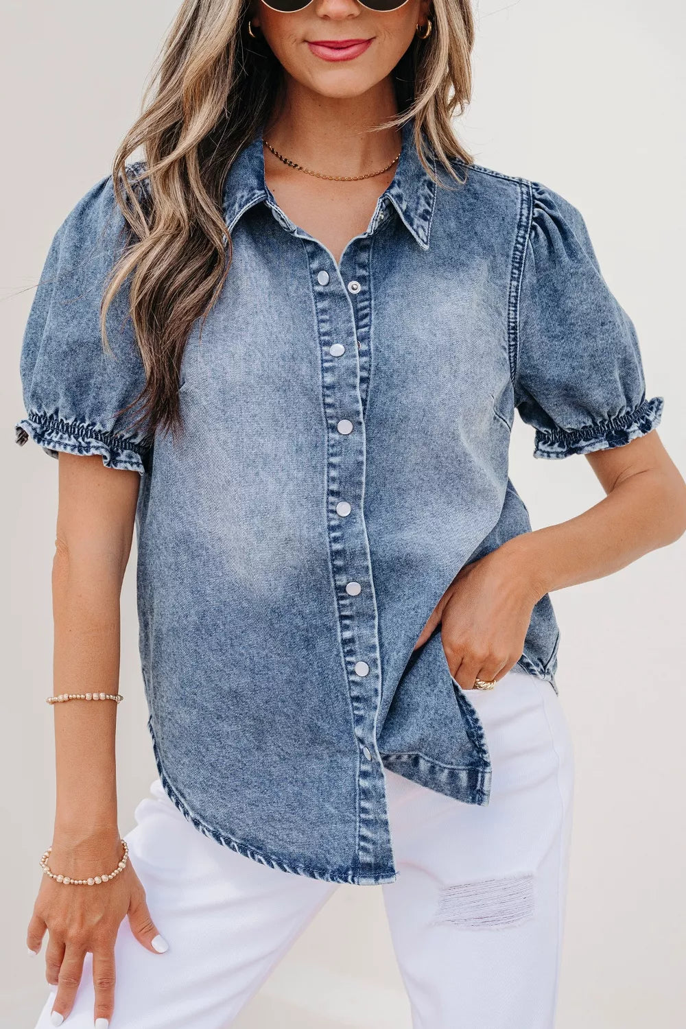 Medium wash frilled snap button denim shirt front view