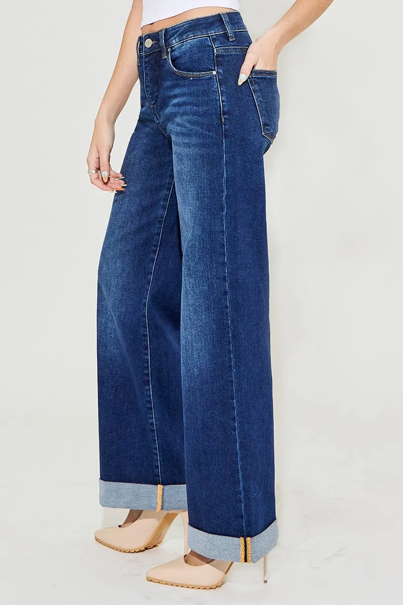 RISEN Plus Size Tummy Control High Rise Wide Leg Cuffed Jeans - Fashorio