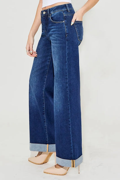 RISEN Plus Size Tummy Control High Rise Wide Leg Cuffed Jeans - Fashorio