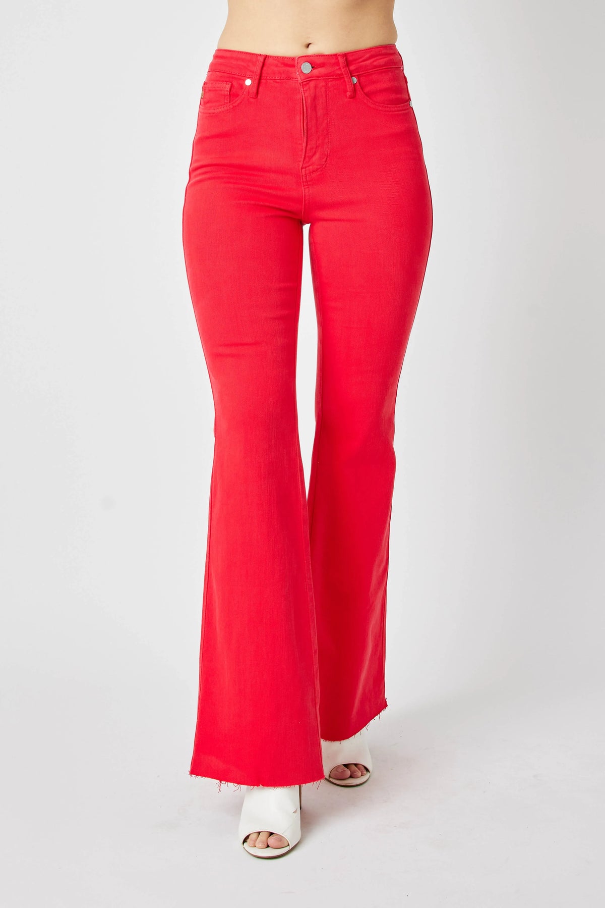 Judy Blue high waist red flare jeans side profile
