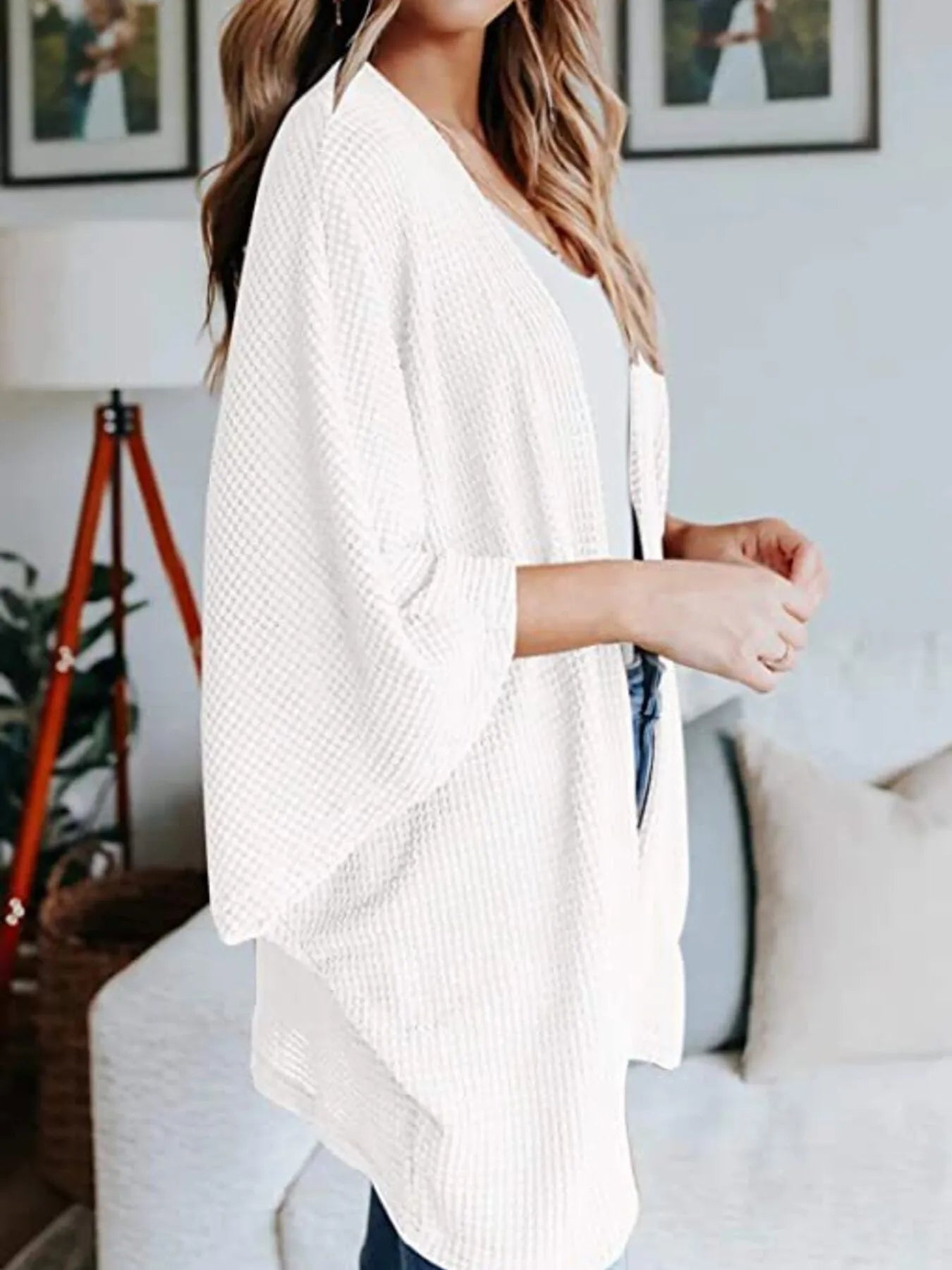 Full Size Open Front Waffle Knit Cardigan Plus Size - Fashorio