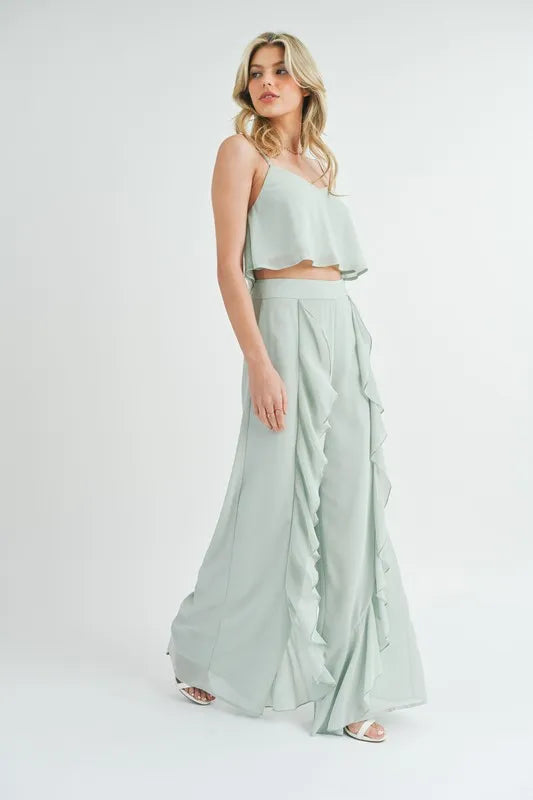 MABLE Crop Cami and Ruffled Wide Leg Pants Set - Fashorio