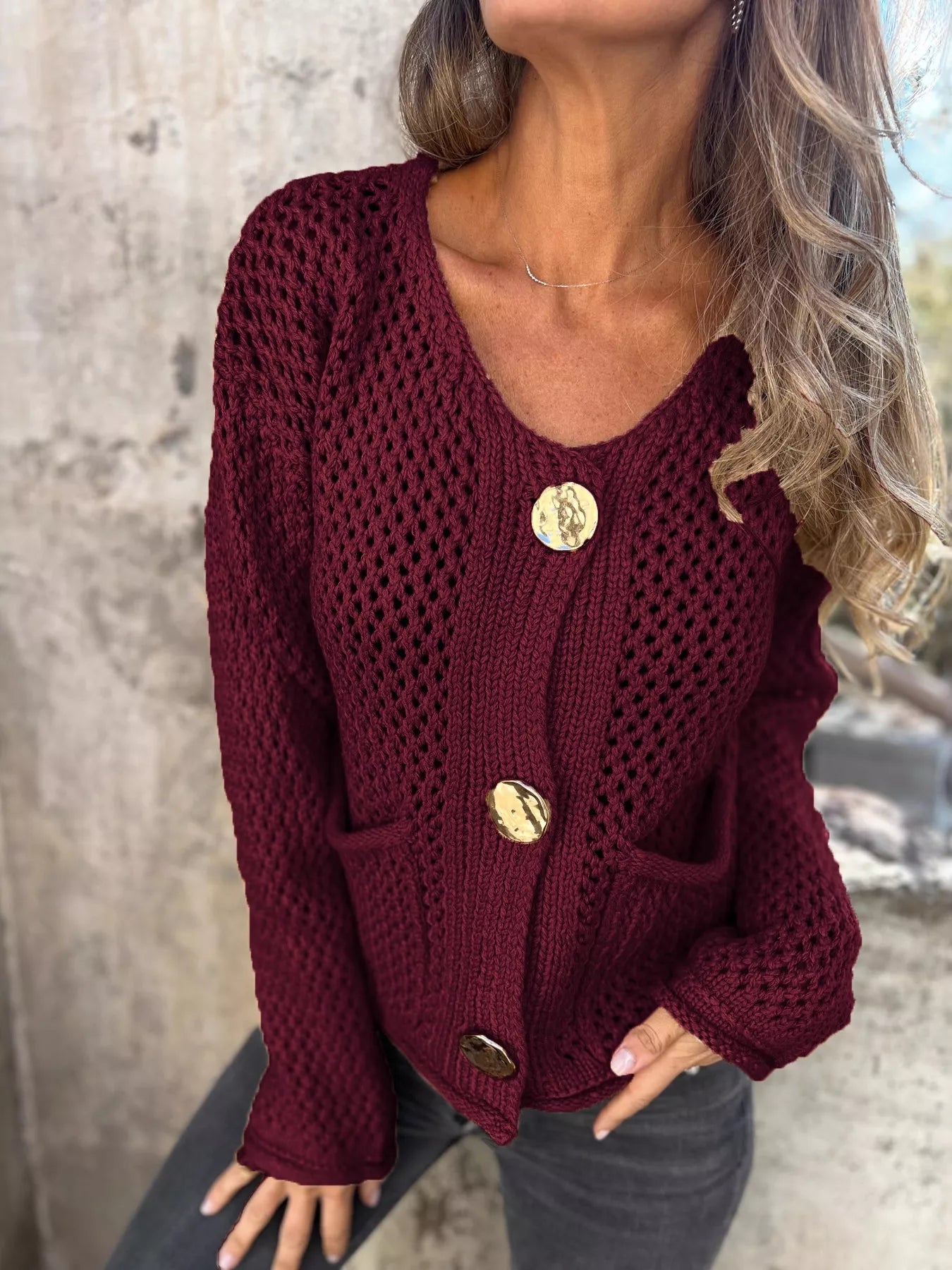 Crochet Button Up Long Sleeve Cardigan Deep Red - Fashorio