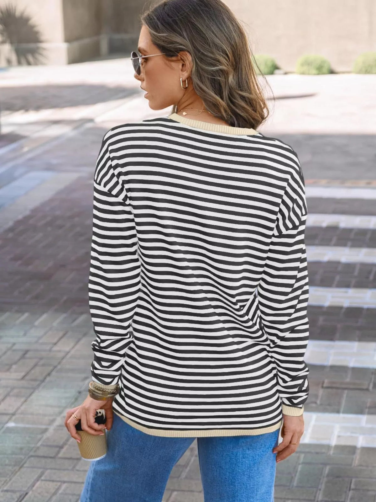 Striped round neck knit top styled outfit look