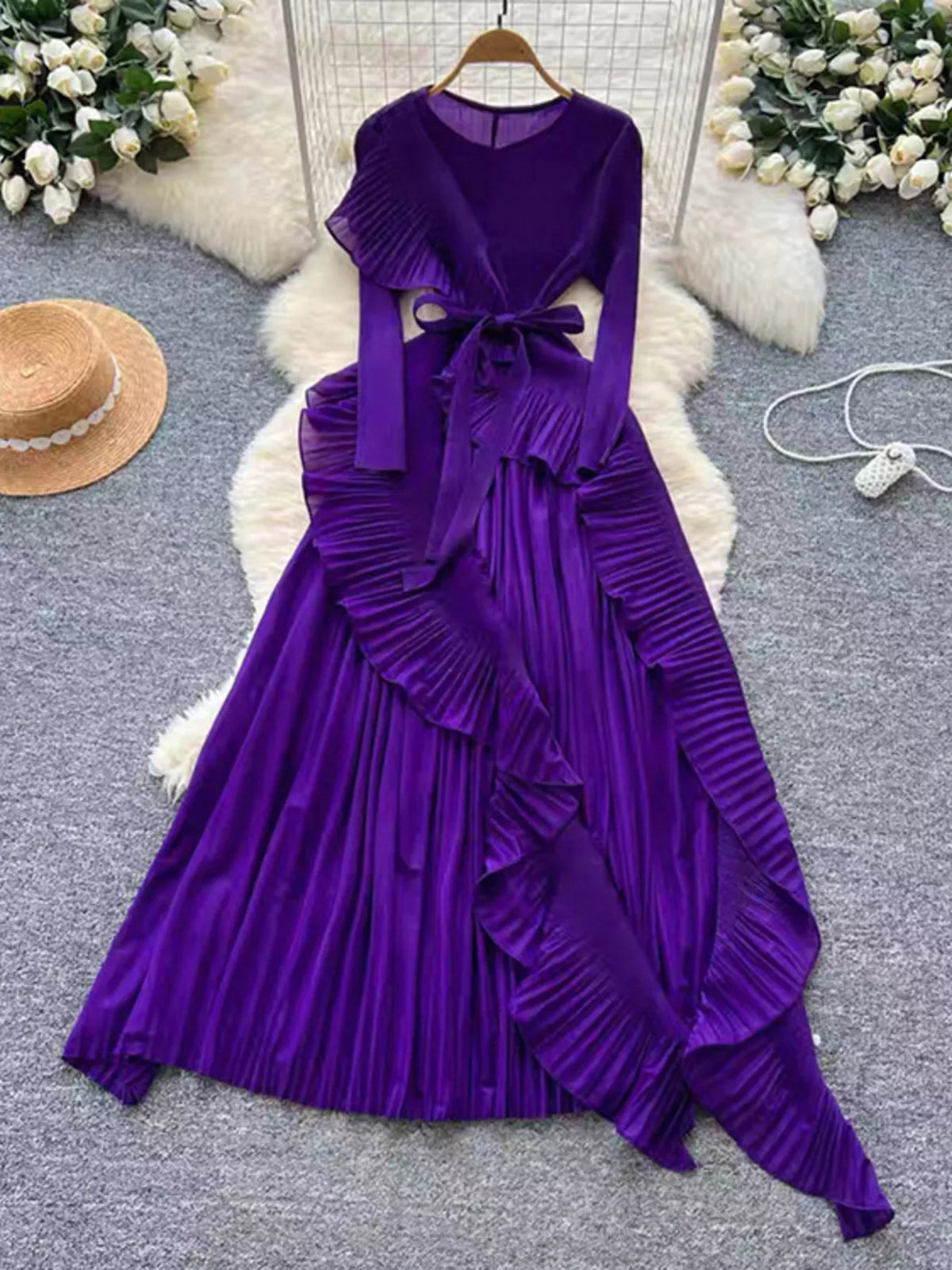 ruffle trim pleated midi dress detail view
