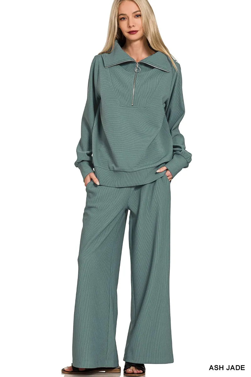 Zenana Ribbed High Neck Half Zip Pullover & Pants Set ASH JADE - Fashorio
