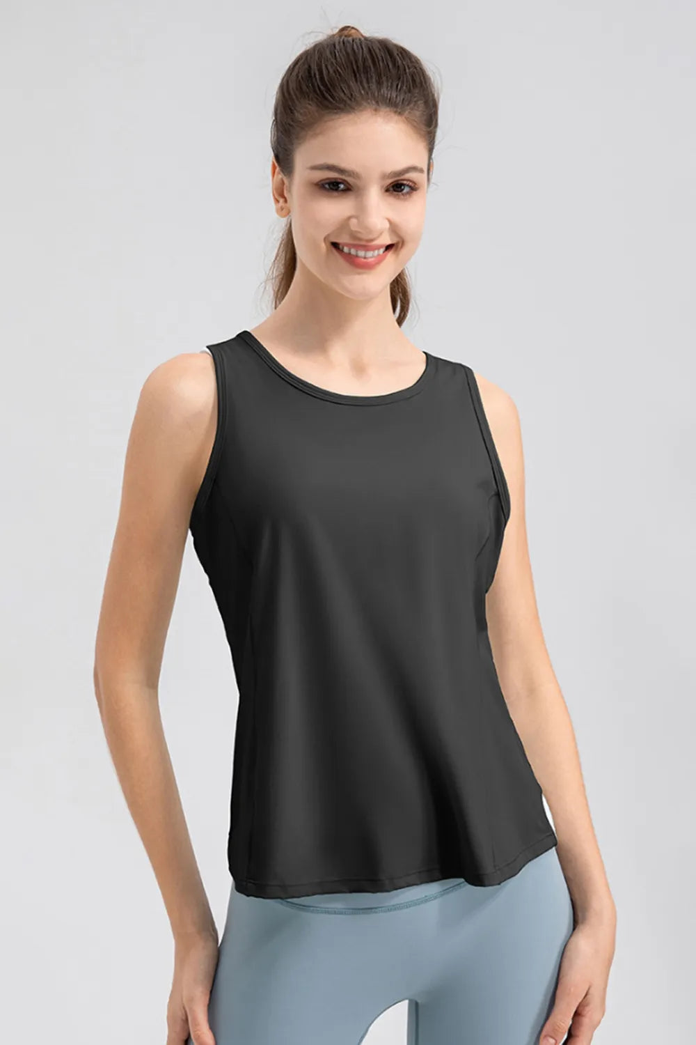 Wide Strap Round Neck Active Tank Black - Fashorio
