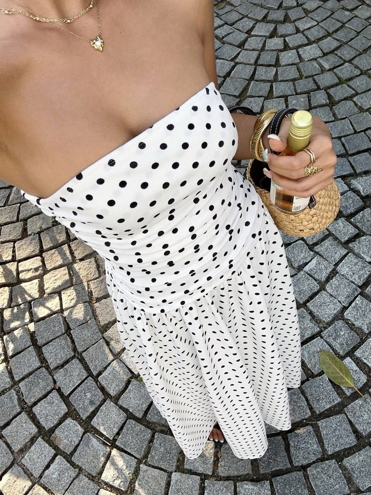 Polka dot maxi dress full length styling