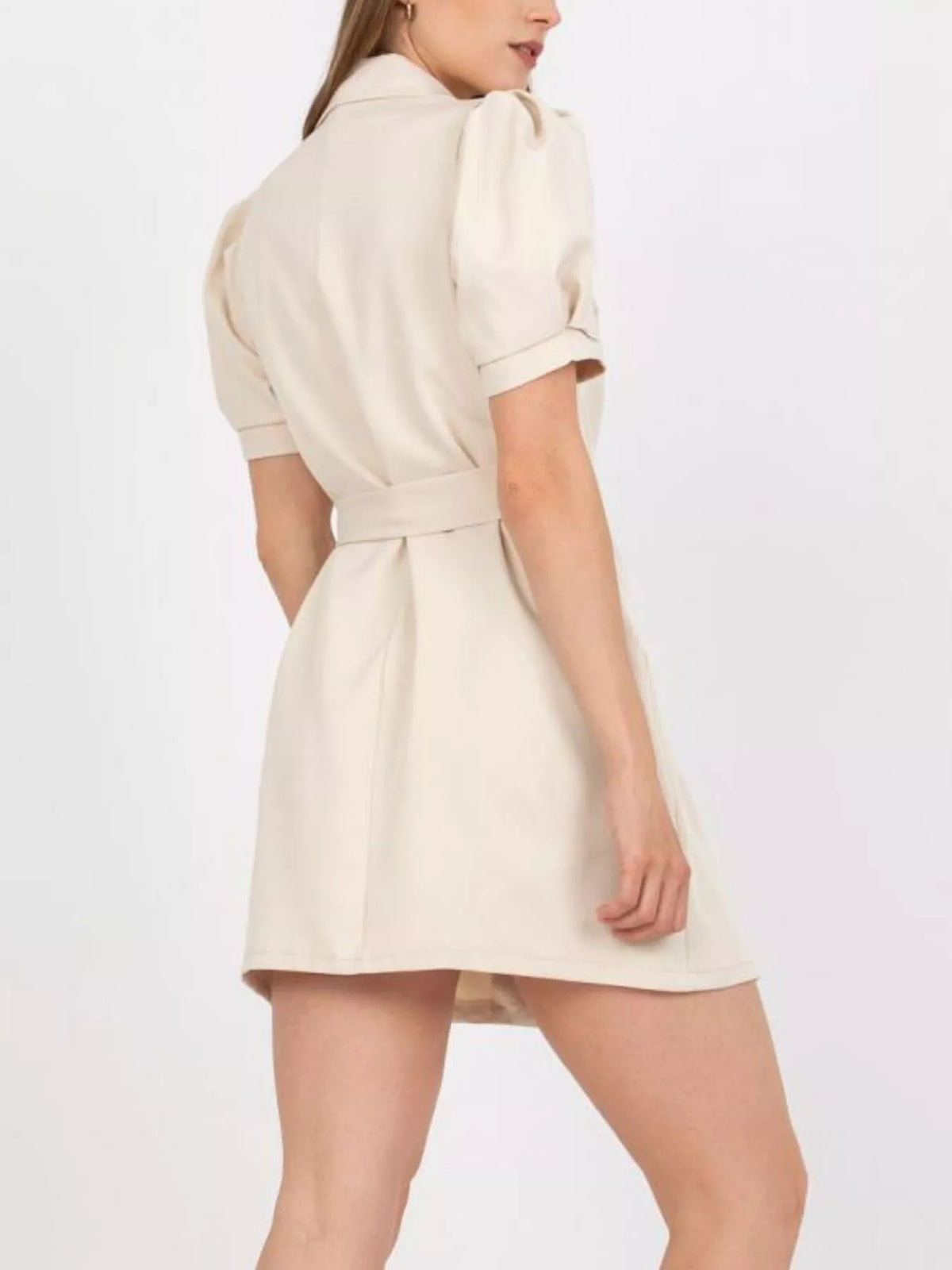 blazer tie waist mini dress seated pose