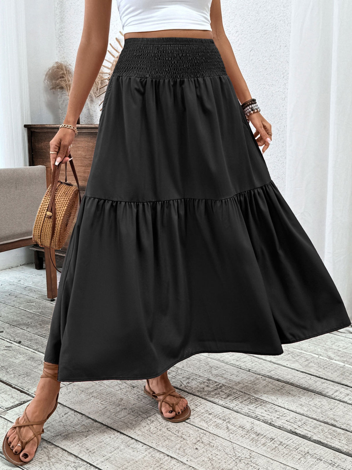 Hem detail of the flowing tiered skirt