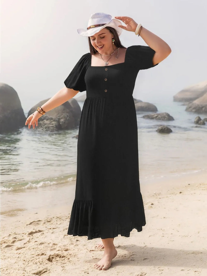 Black plus size square neck short sleeve ruffle hem maxi dress front view
