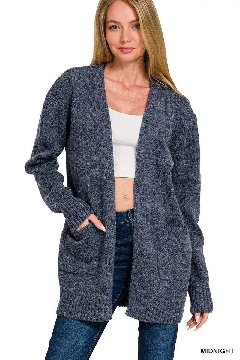 Midnight open front sweater cardigan front view