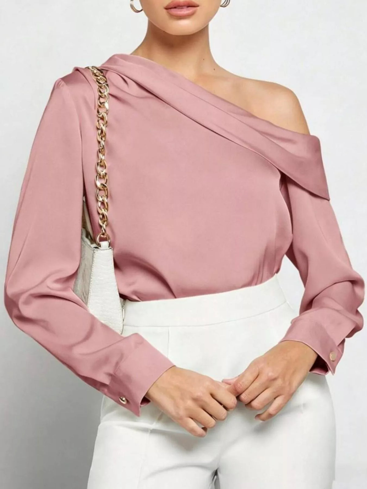 One shoulder satin feel blouse front