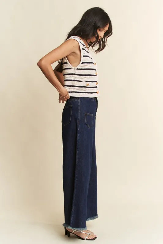 Striped Cropped Sweater Vest Top in White on model