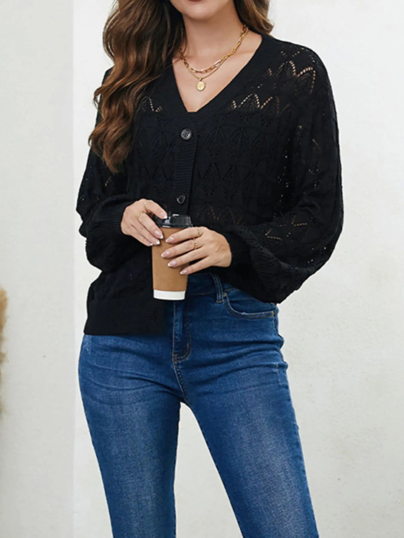 Openwork Button Up Cardigan Black - Fashorio