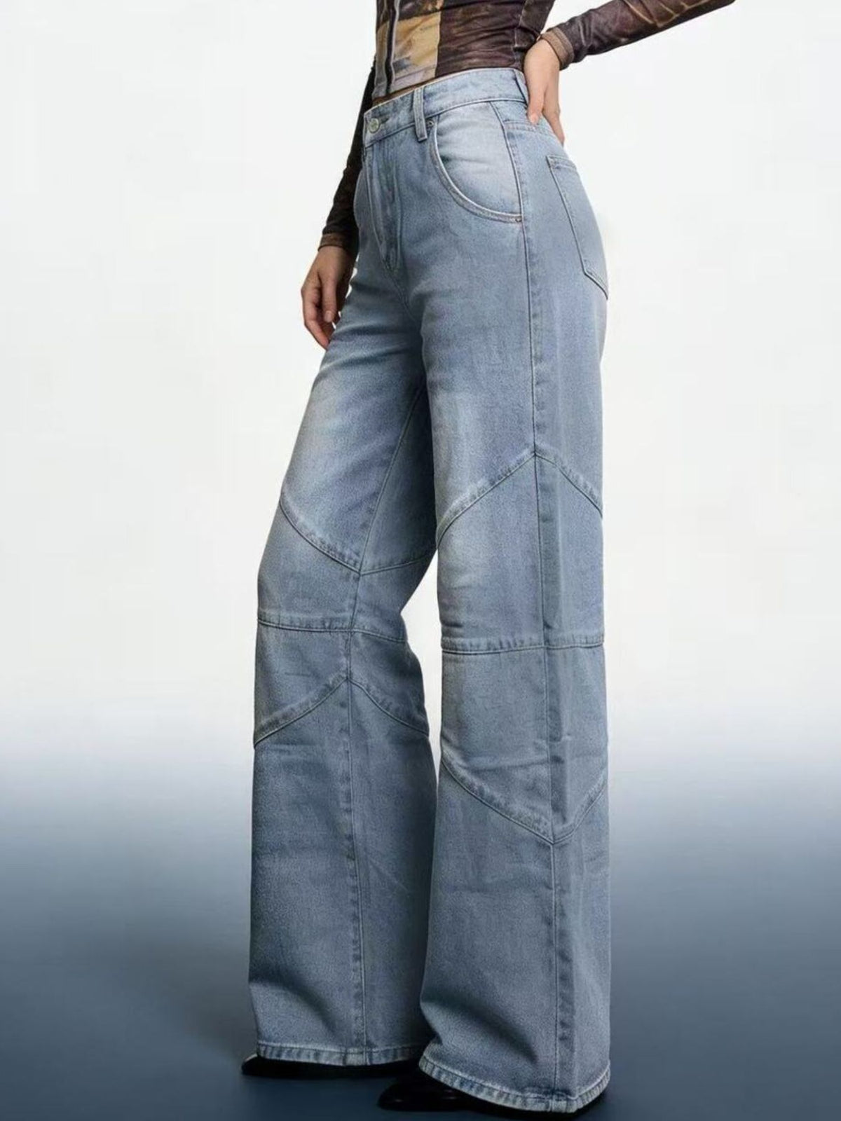 Vintage wash detail on wide leg jeans