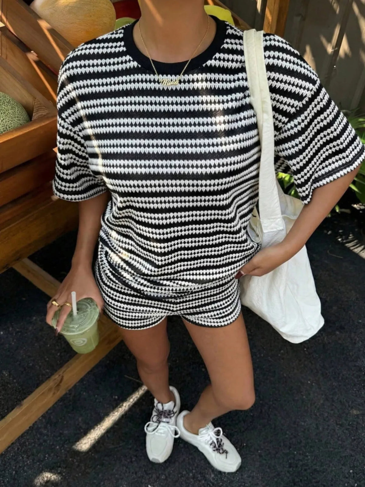 Two piece striped top shorts set detail