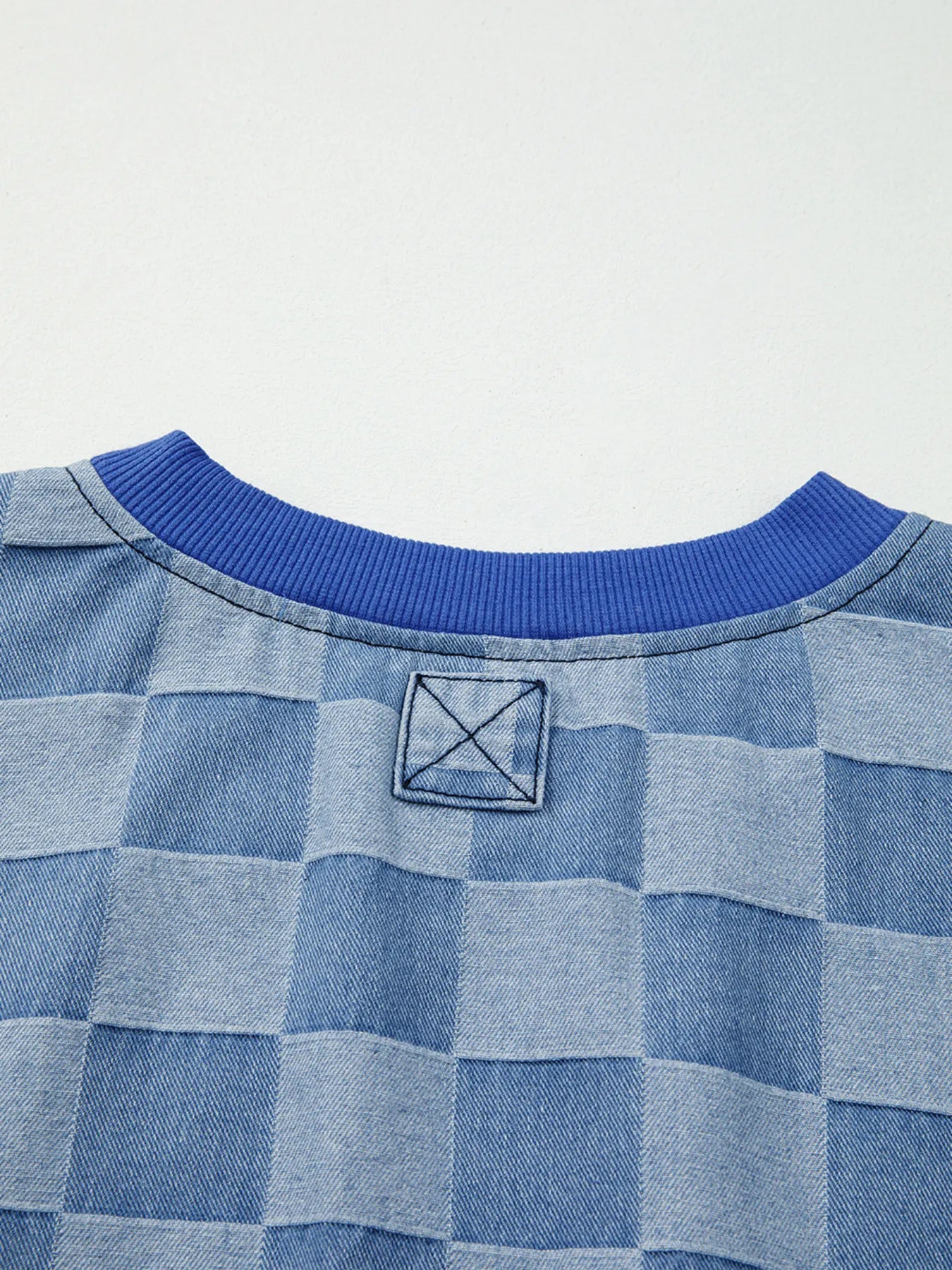 Checkerboard Splicing Raw Detail Oversized Denim Top - Fashorio