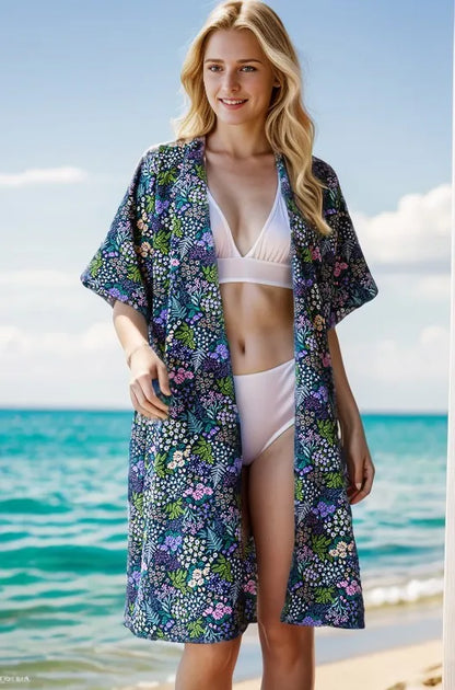 Heimish Full Size Half Sleeve Floral Open Cardigan Plus Size Navy - Fashorio