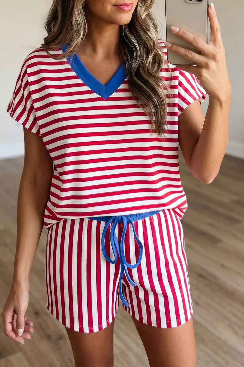 Colorblock v neck tee and shorts two piece set front view