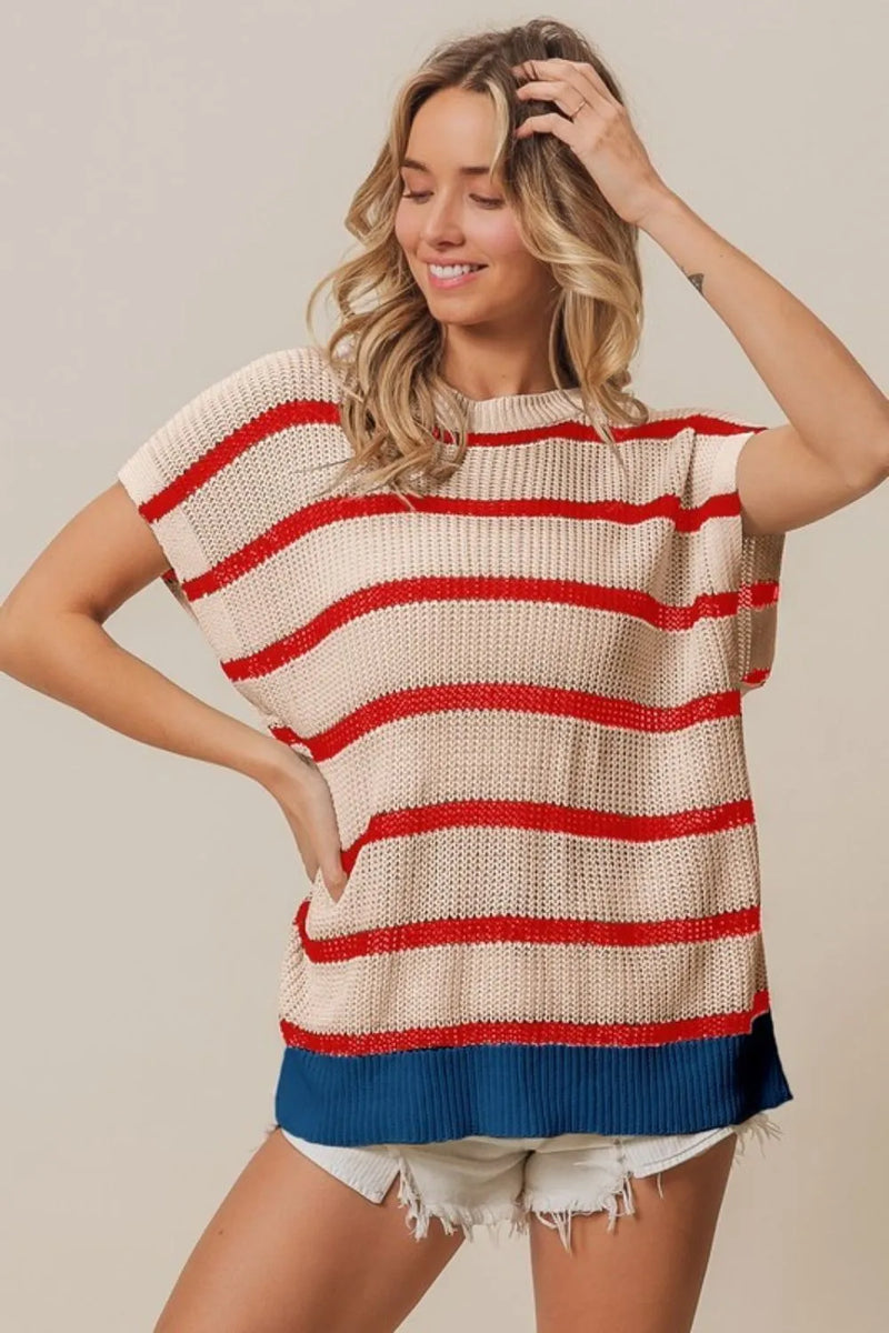 Americana Stripe Drop Shoulder Sweater in Oatmeal