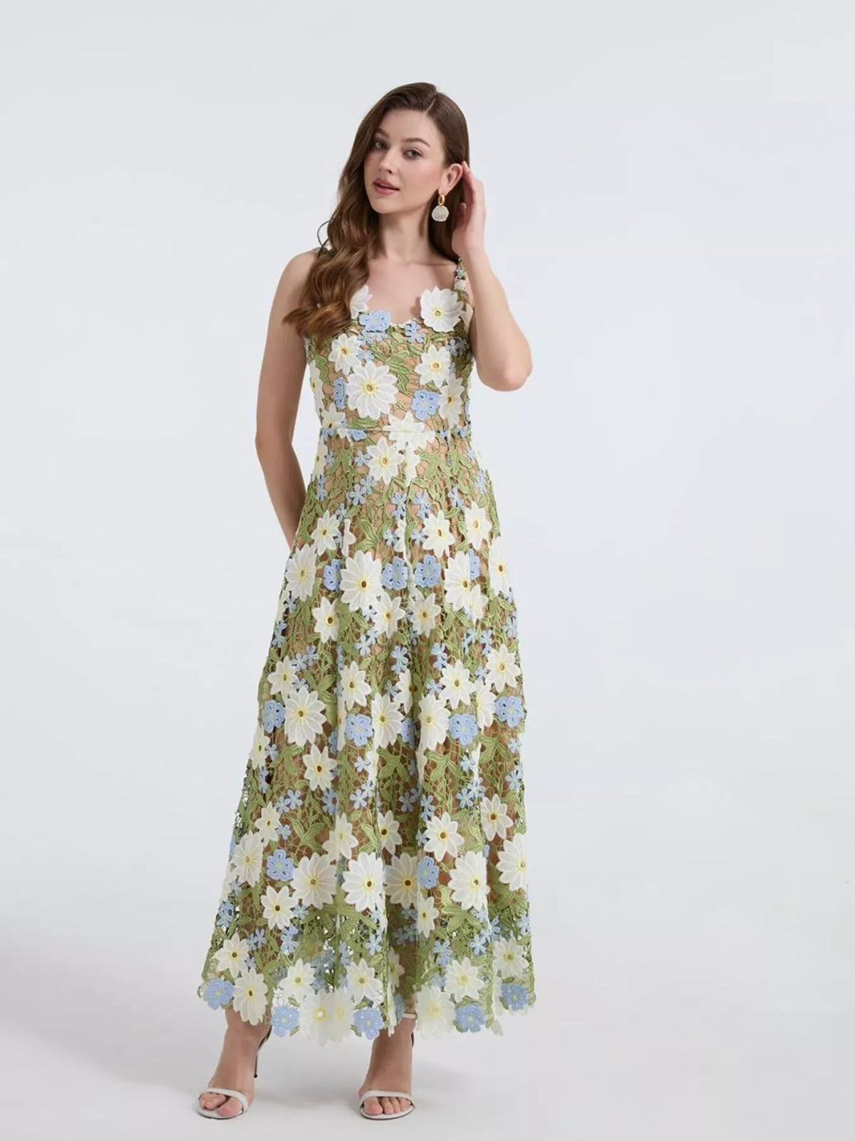 Floral embroidered dress side view