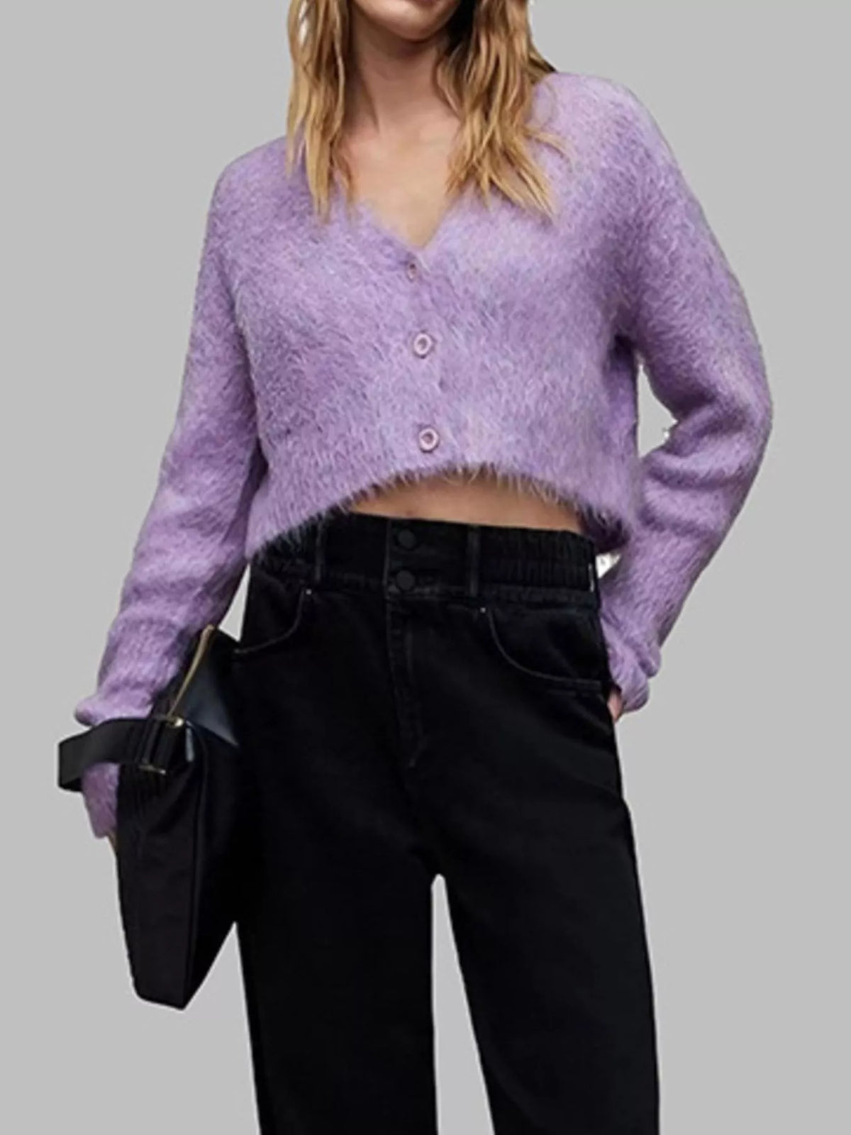 fluffy knit cropped cardigan styled on model