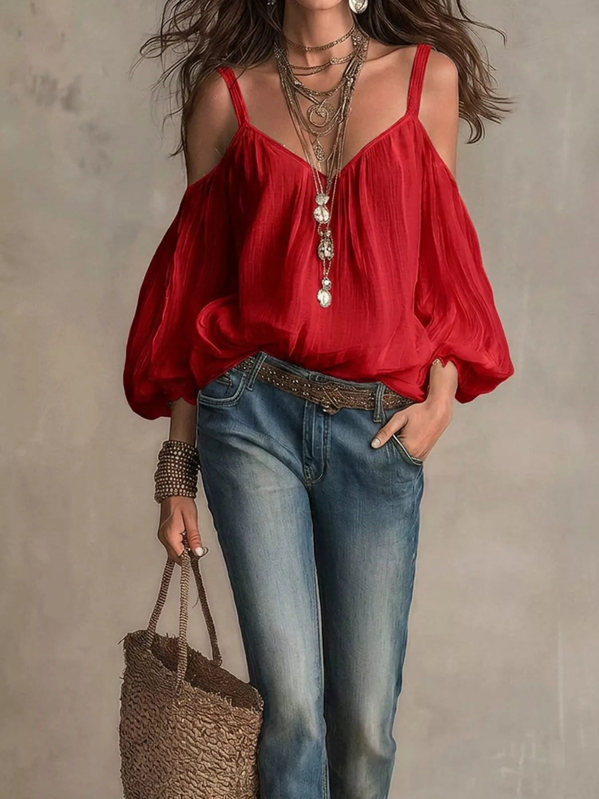 Cold shoulder balloon sleeve blouse side view