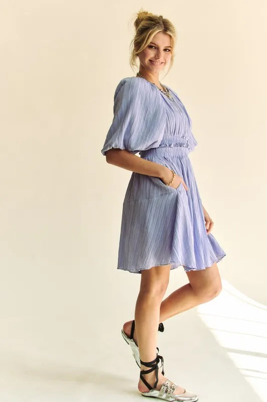 Back Button Puff Sleeve Mini Dress in Lavender close up