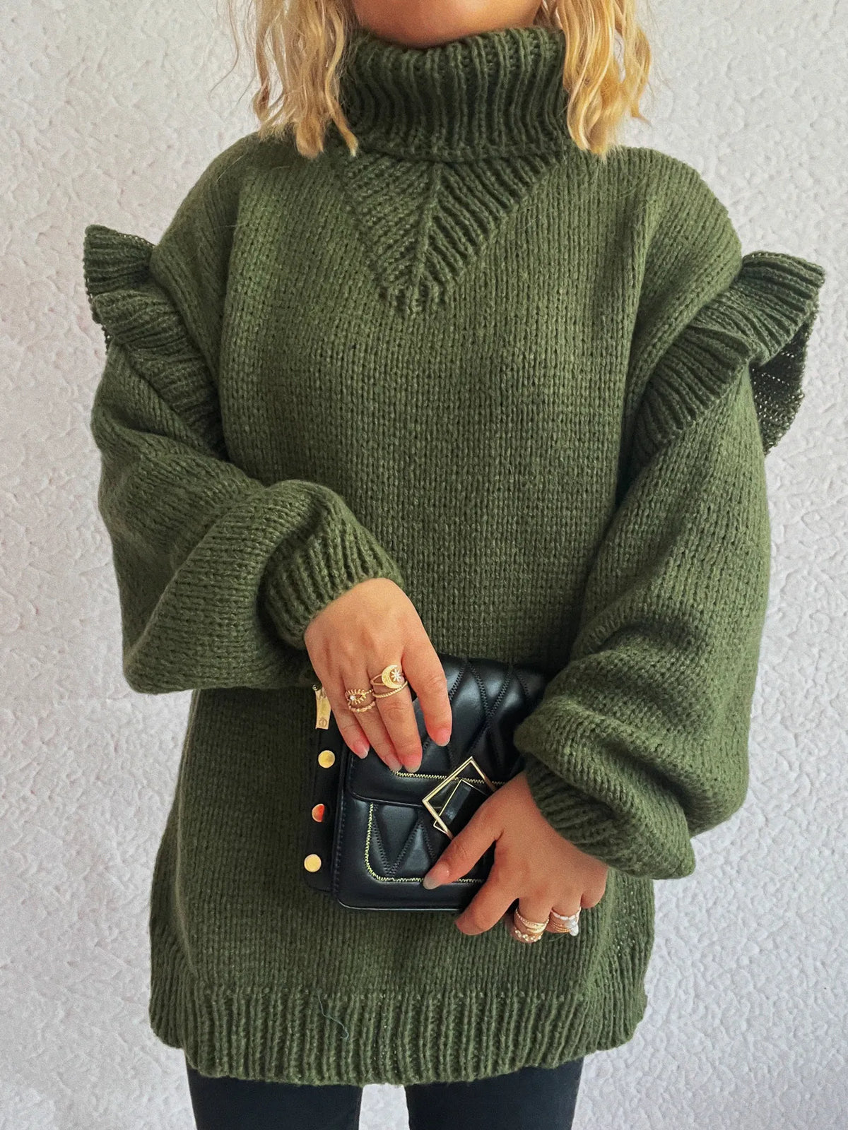 Ruffled turtleneck long sleeve sweater fabric detail