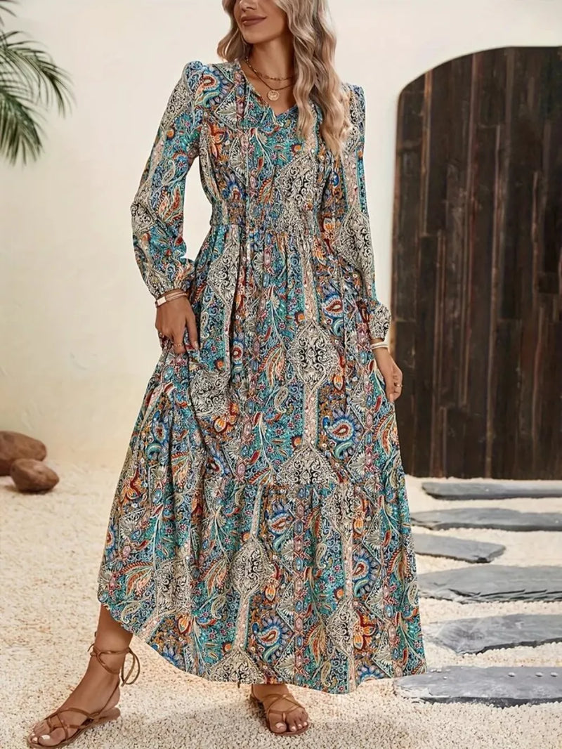 air force blue printed tie neck long sleeve maxi dress front view