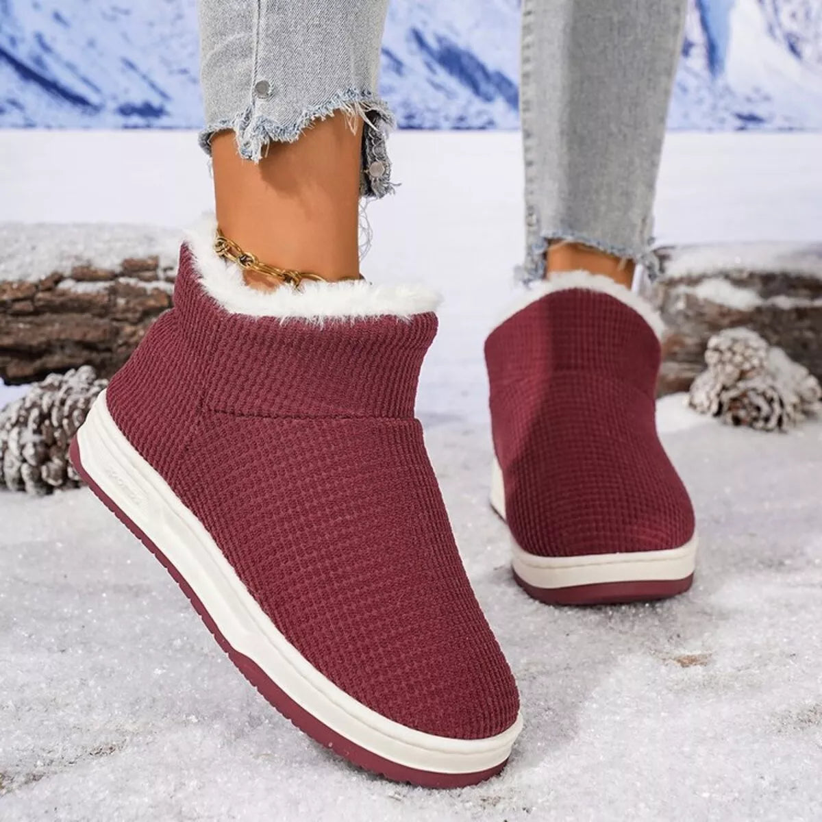 Cozy knit ankle boots, styled on model