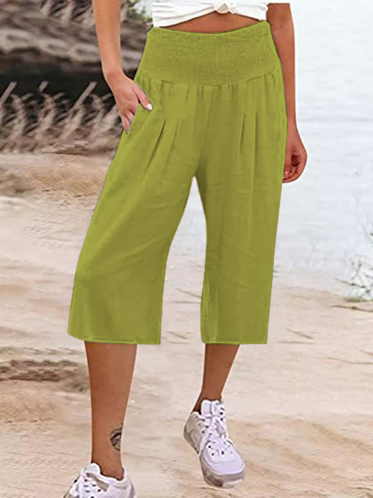 Smocked capri pants shown in a bright green colorway