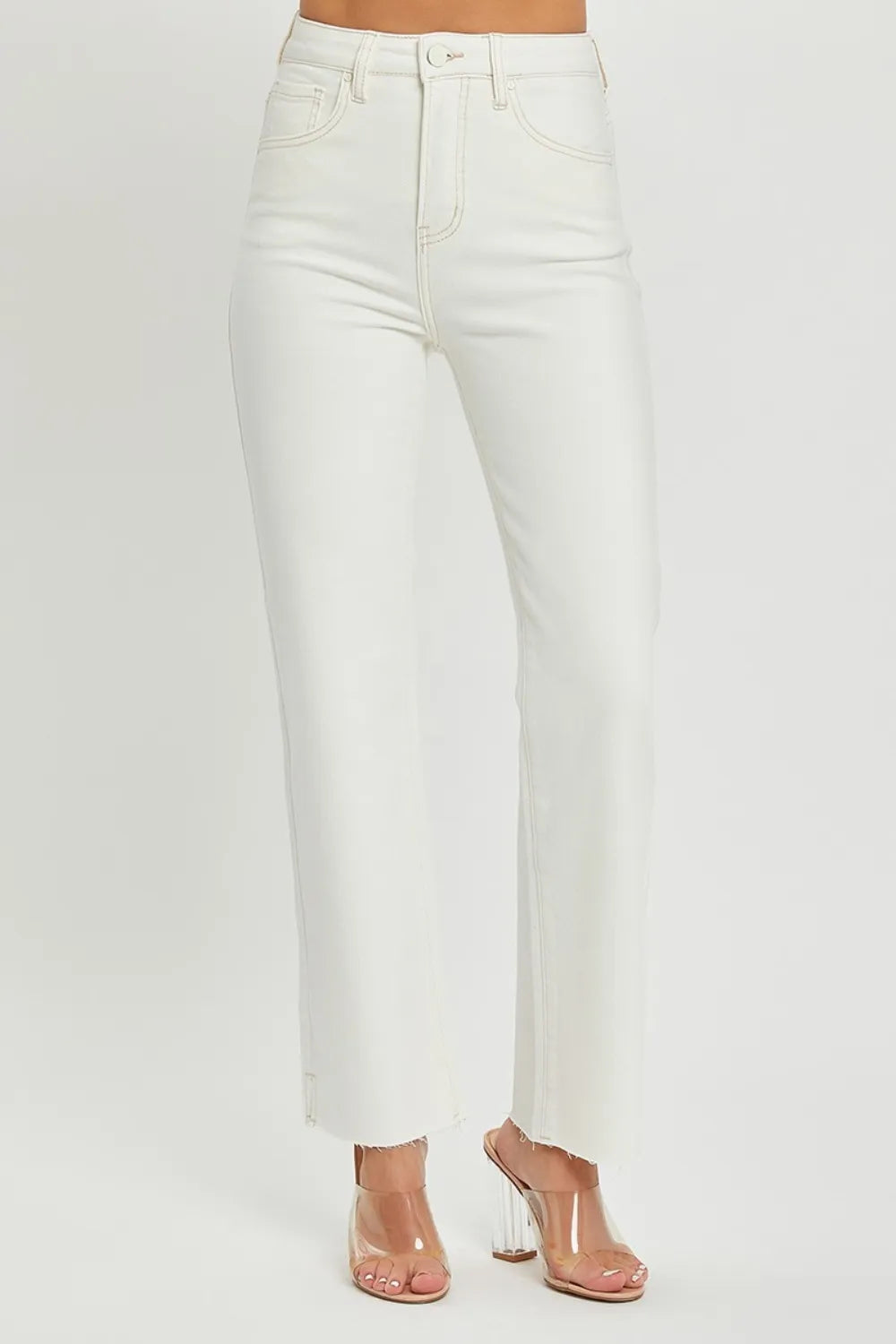 RISEN High Rise Tummy Control Straight Jeans – Raw Hem Denim - Fashorio