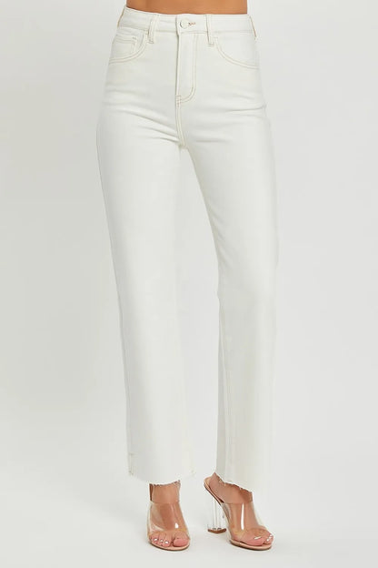 RISEN High Rise Tummy Control Straight Jeans – Raw Hem Denim - Fashorio