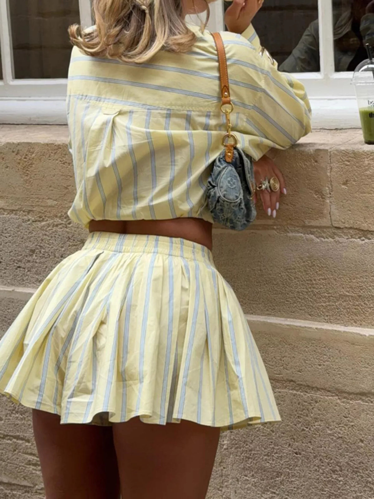 Striped camp collar shirt and matching shorts two piece set