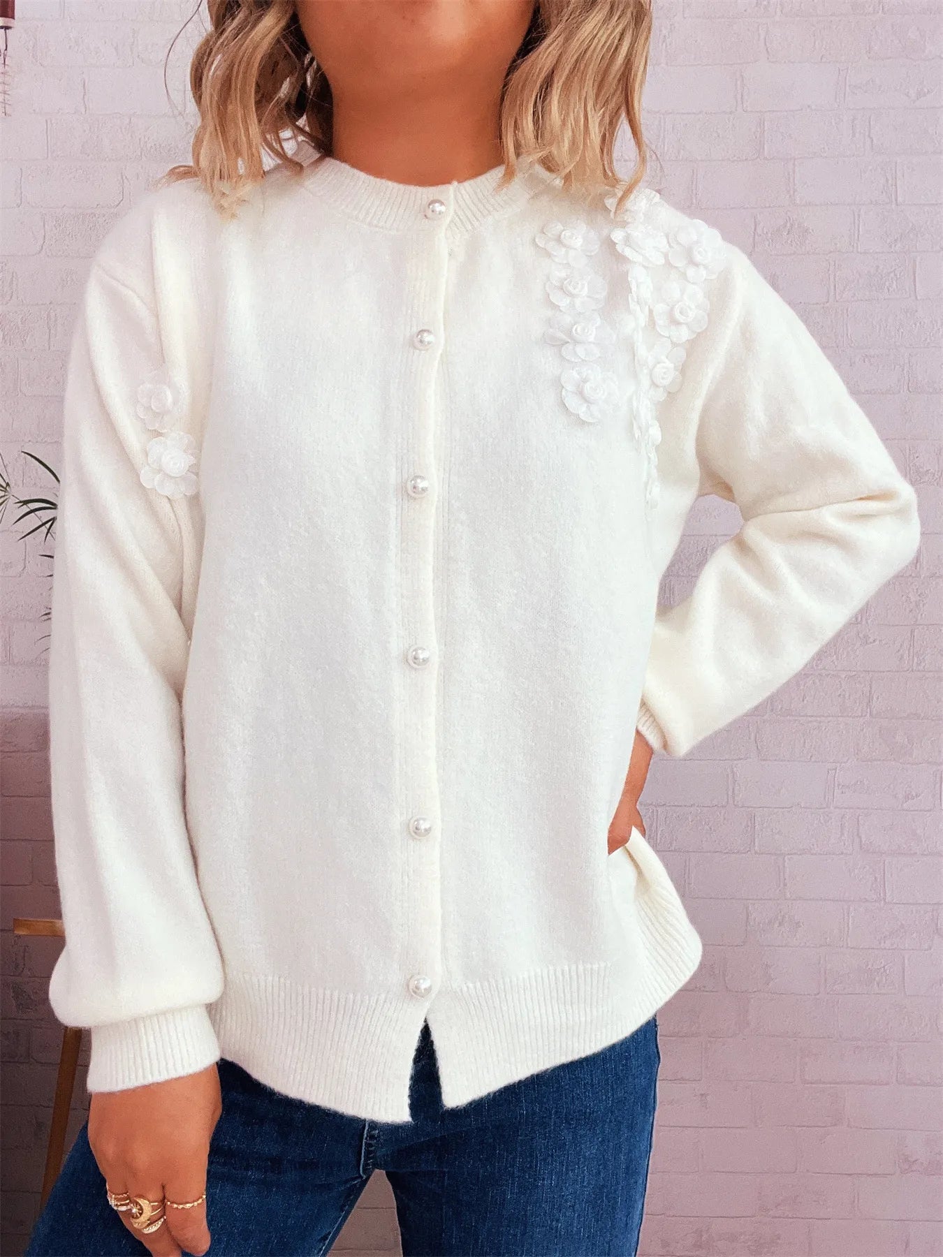 Flower Button Up Long Sleeve Cardigan - Fashorio