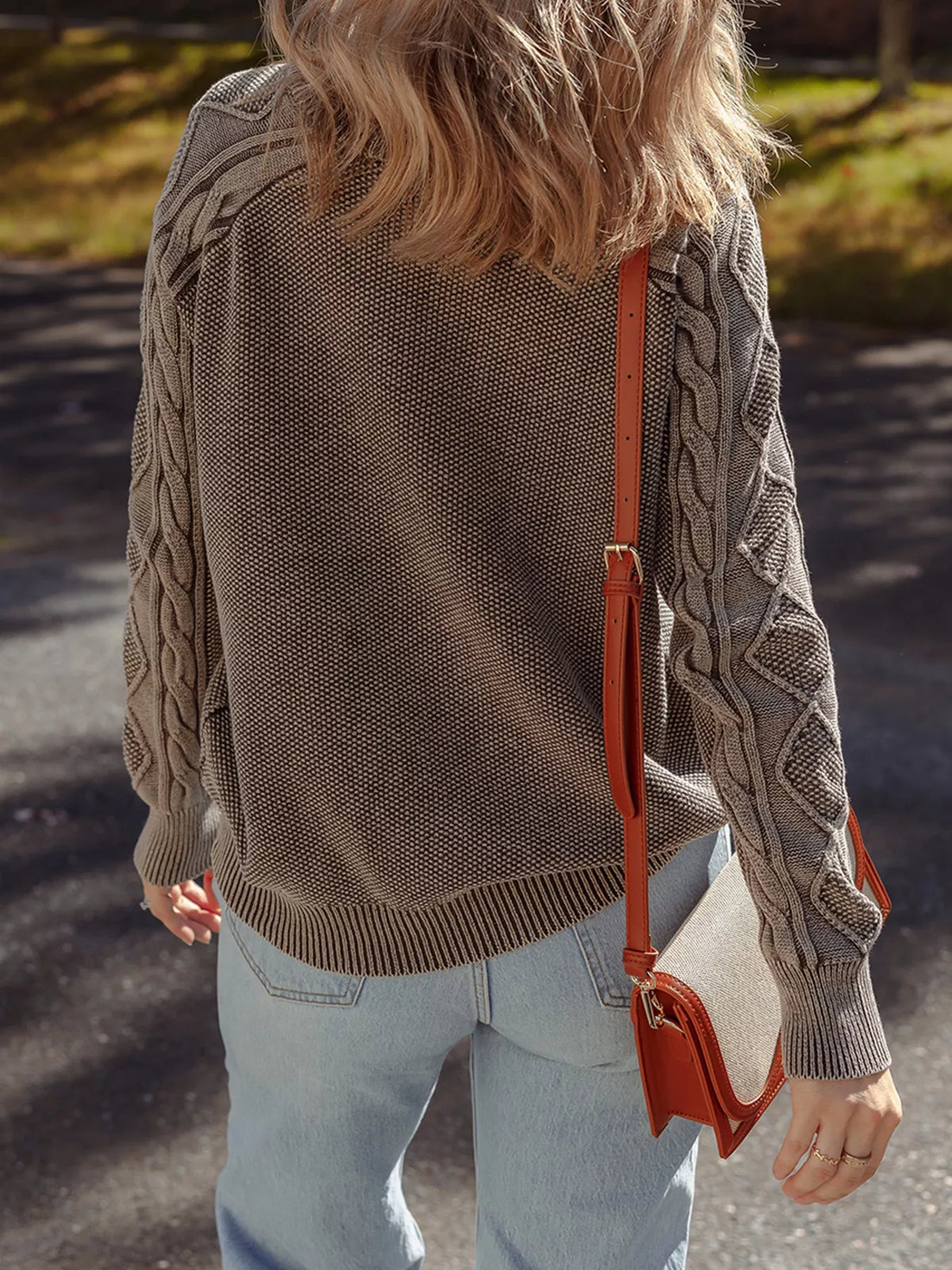 contrast cable knit sleeve sweater brown styled look